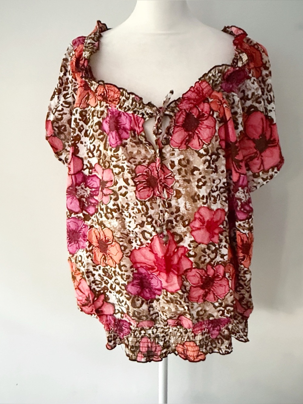 Cato Women Tropical Floral Leopard Print Top Size 22/24W Island Resort Boho